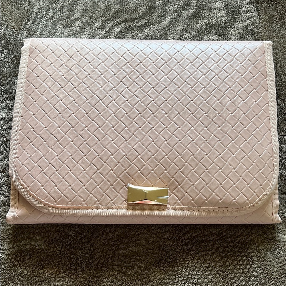 Woven Pink Clutch Bag with Gold Bow Accent